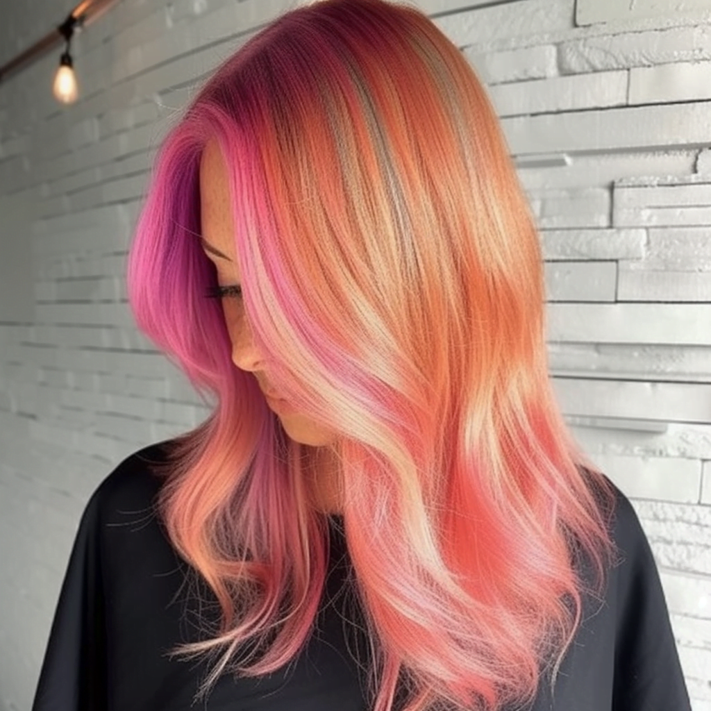 Dimensional Pink and Peach Hair Color