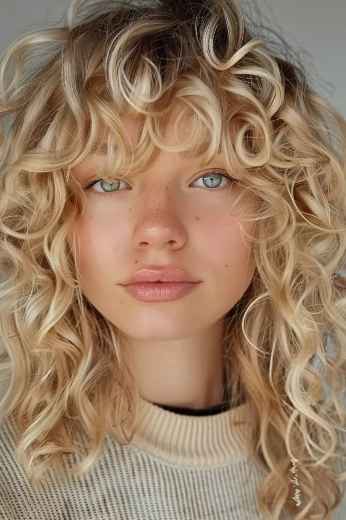 Dirty Blonde Curly Hair with Bangs