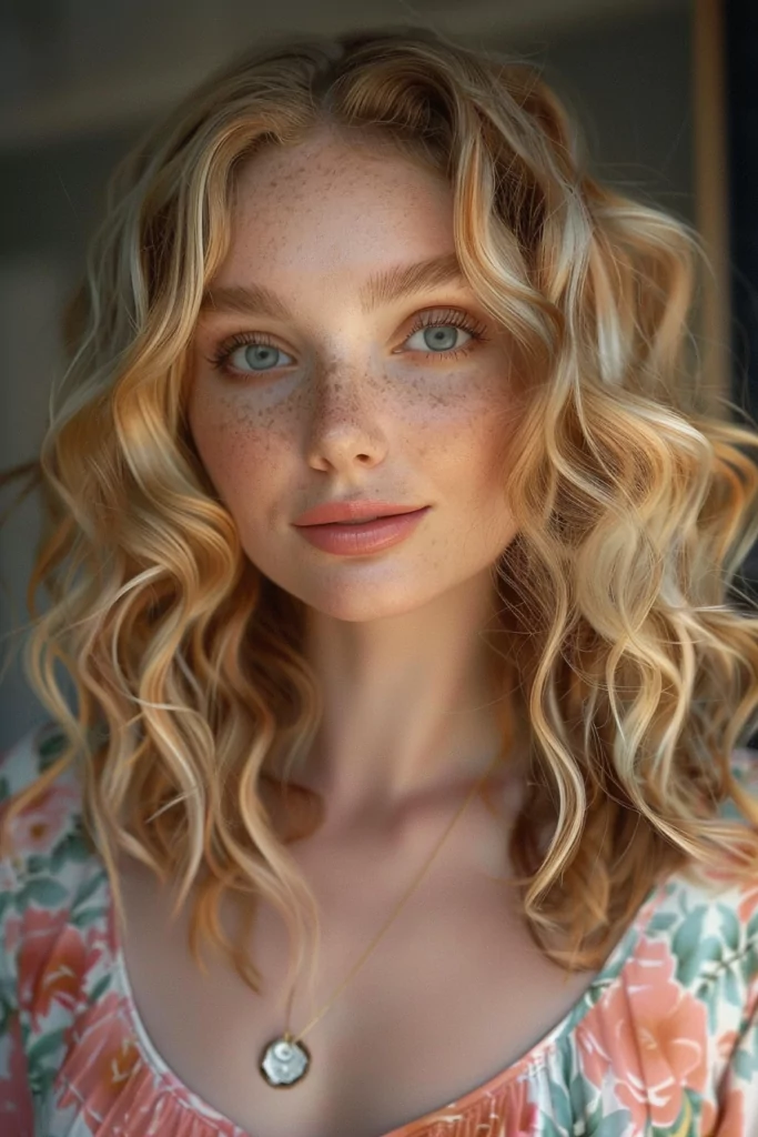 Honey Blonde Curly Hairstyle with Soft Ombre