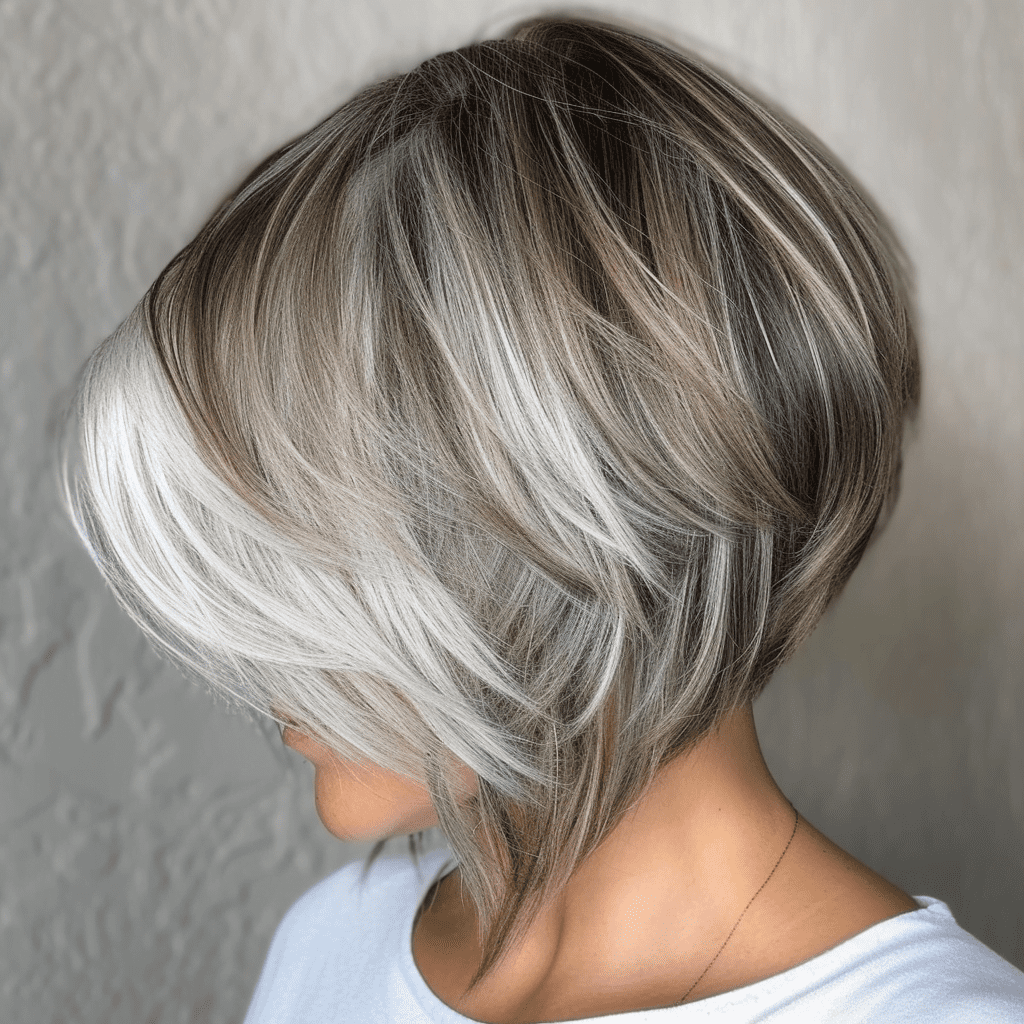 Inverted Layered Gray Bob with Brown Roots