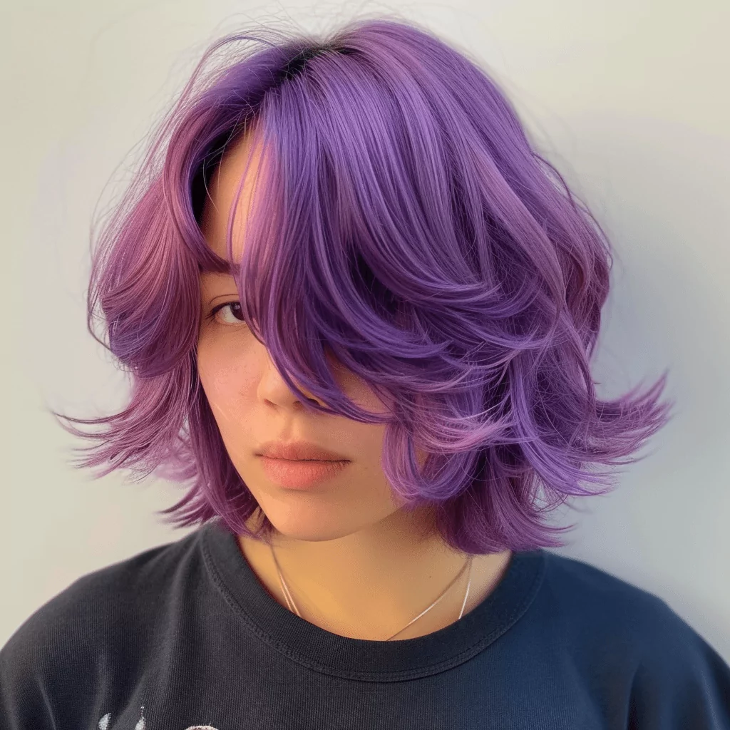 Layered Bob with Feathered Curtain Bangs Dyed Purple Lavender