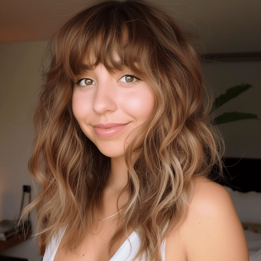 Light Brown Hair with Soft Curls and Bangs