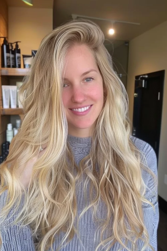 Long Blonde Hair with Deep Side Part