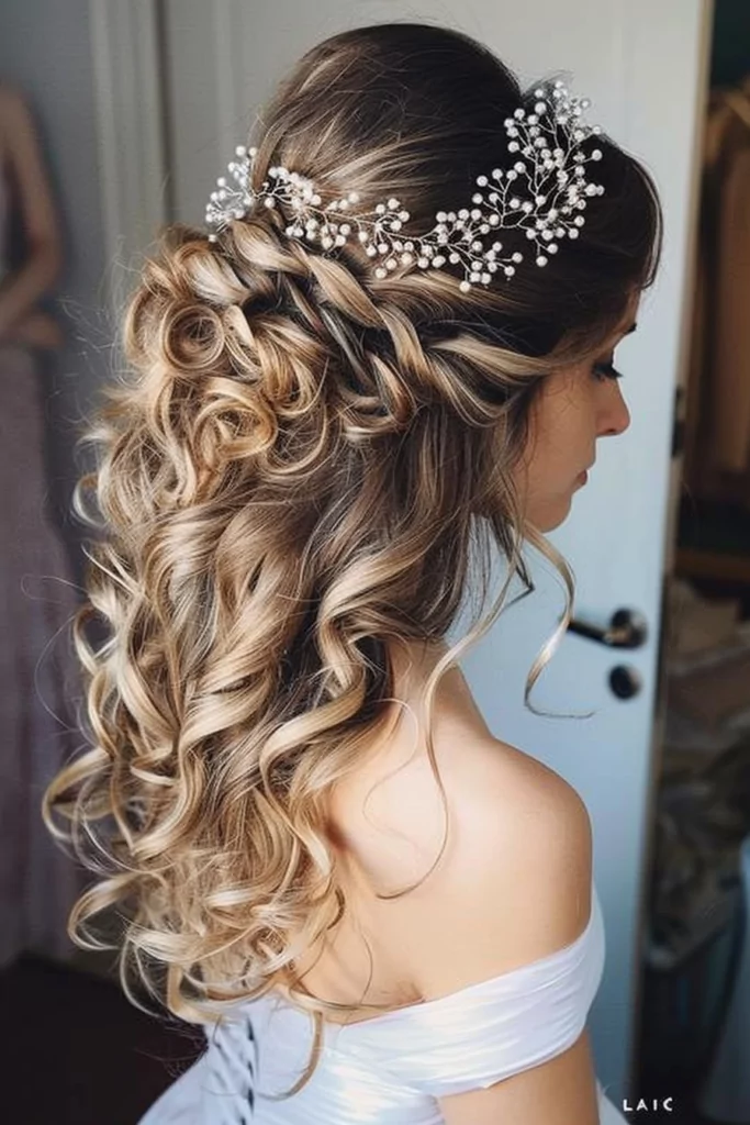 Long Curly Half Updo For Brides