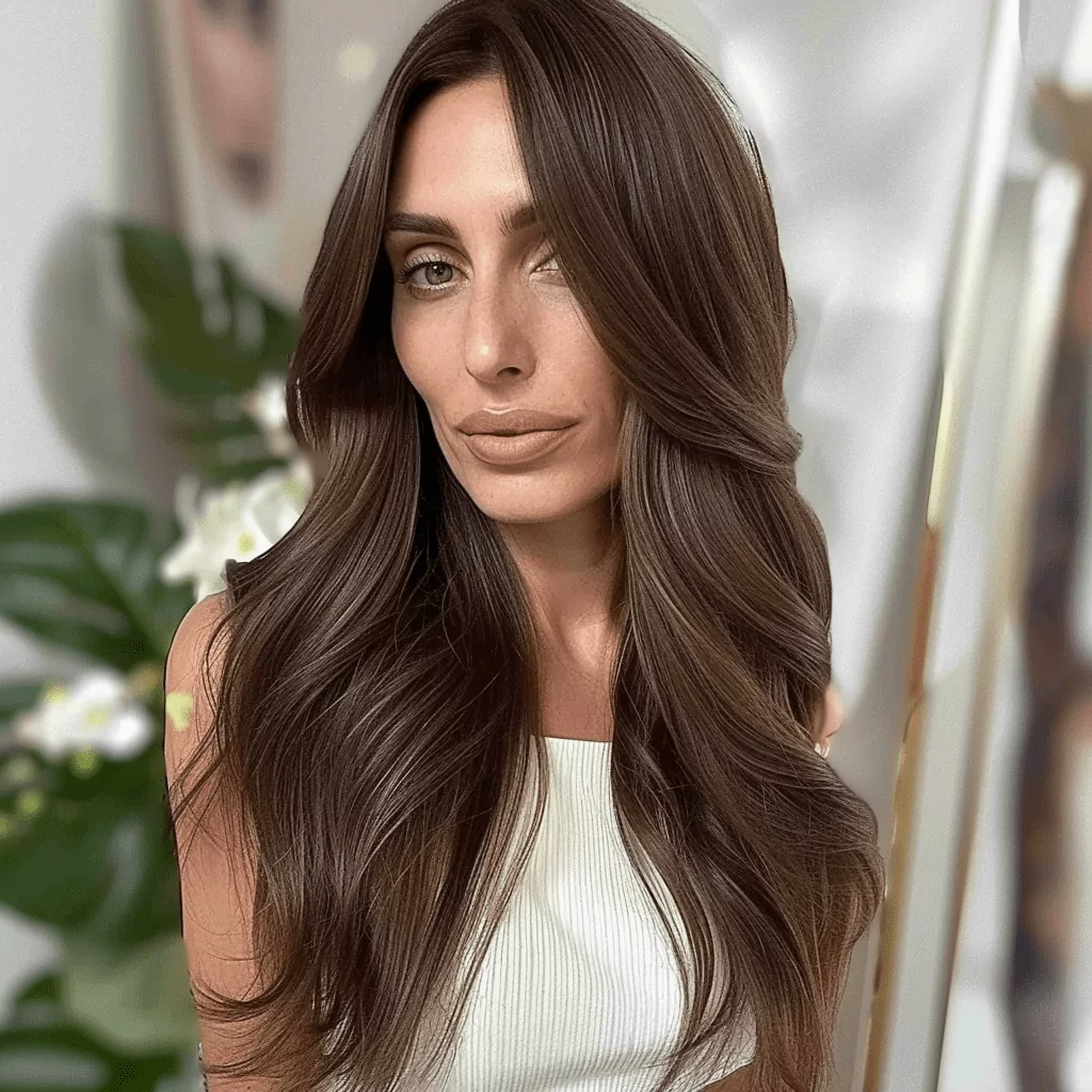 Long Dark Brown Hair with an Off Center Part for women with long faces
