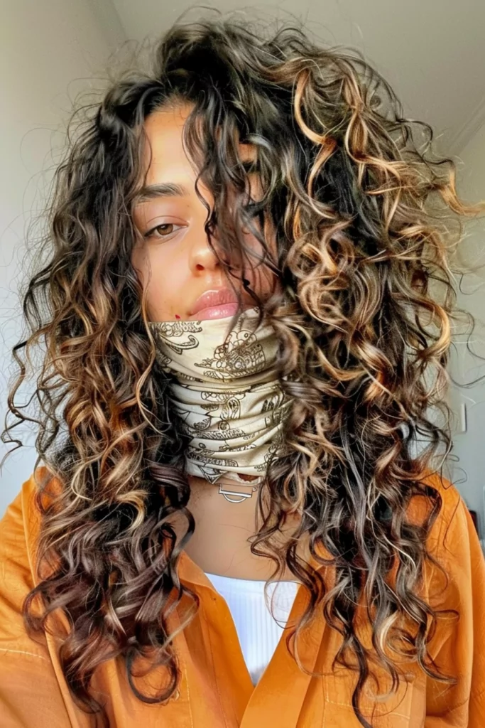 Long Highlighted Curly Hair with Curtain Bangs