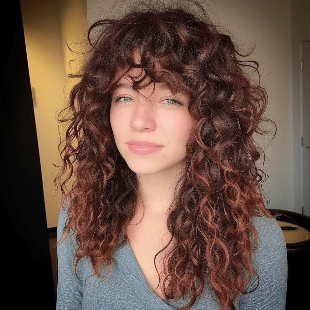 Long Layered Curly Haircut with Bangs