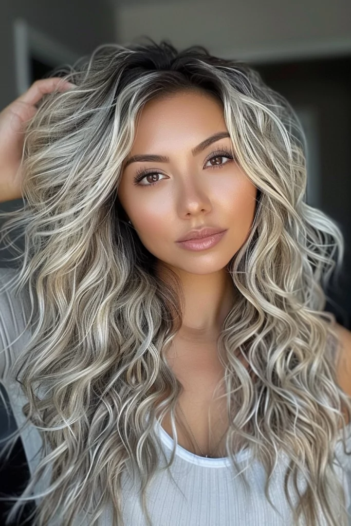 Long Layered Platinum Blonde Curl with Black Roots