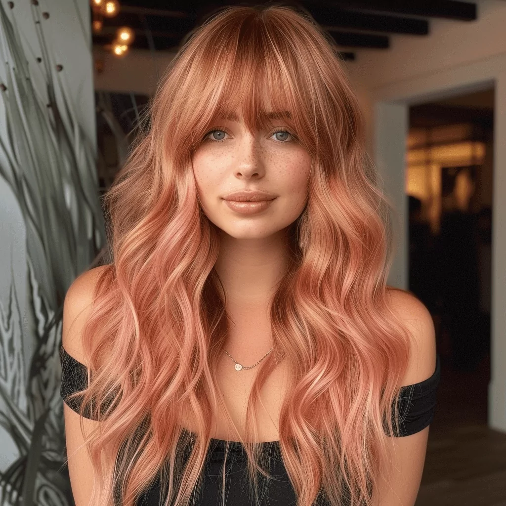 Long Peachy Rose Gold Hair with Bangs