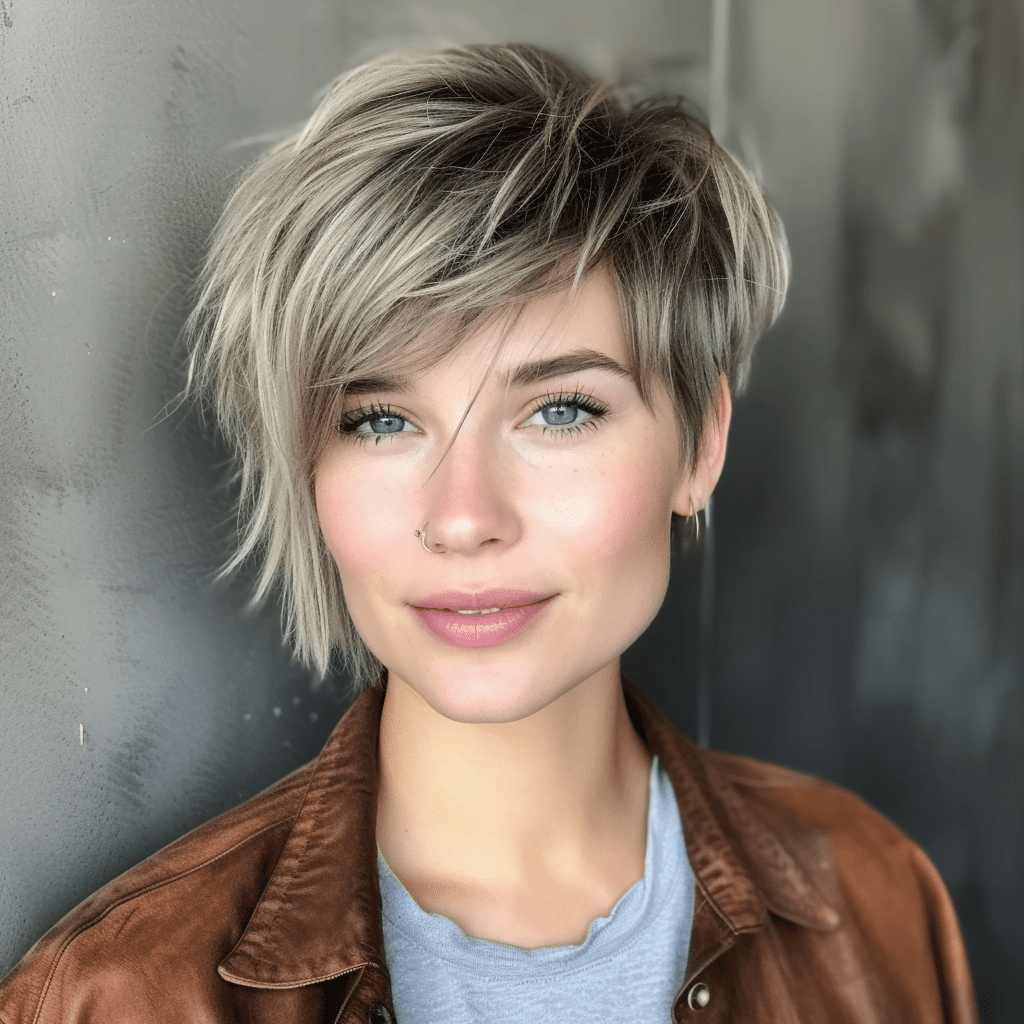 Long Shaggy Ash Bronde Pixie With Bangs