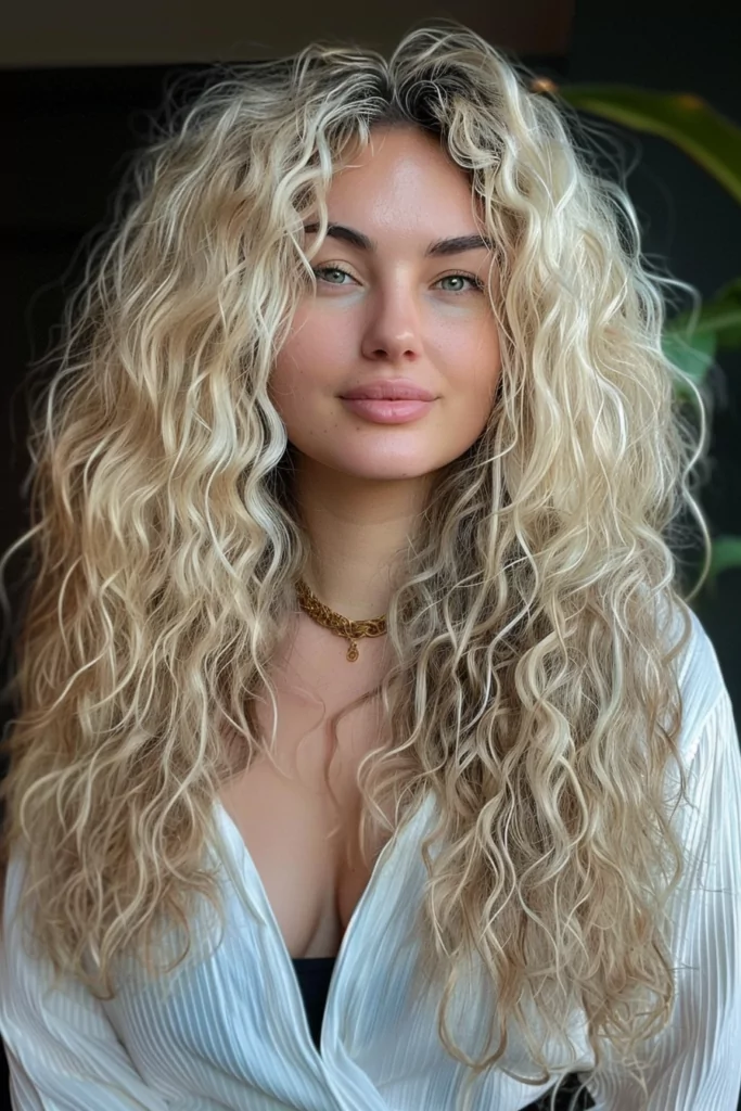 Long Unlayered Curly Hair with Cool Blonde Shade