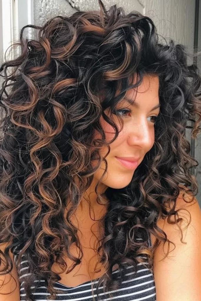Medium Brown Highlights on Dark Curly Hair