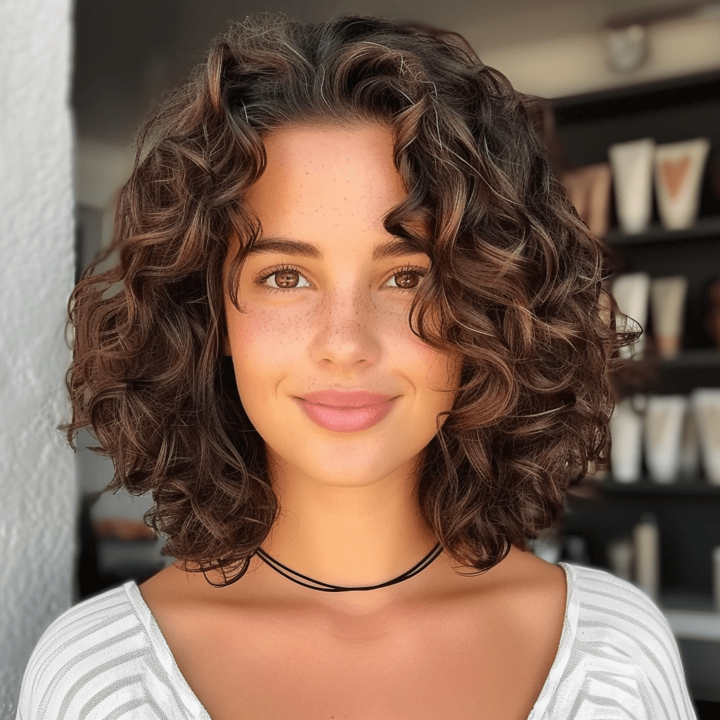 Medium Length Brown Curly Haircut