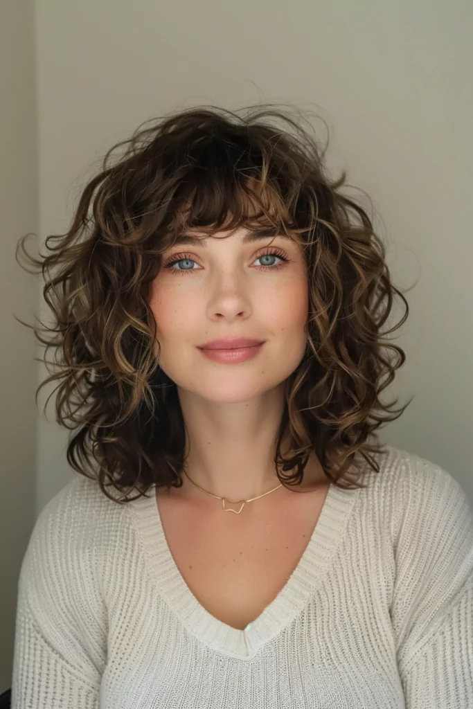 Messy Mid Length Shaggy Curls with curtain bangs