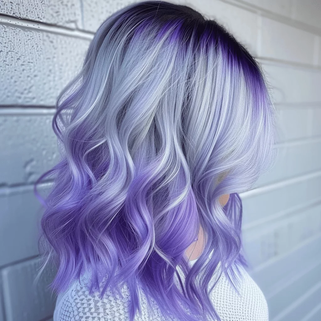 Metallic White Hair with Vivid Lavender Roots