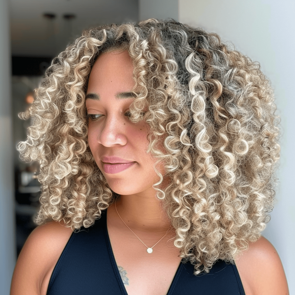 Mid Length Coily Hair with Light Blonde Babylights