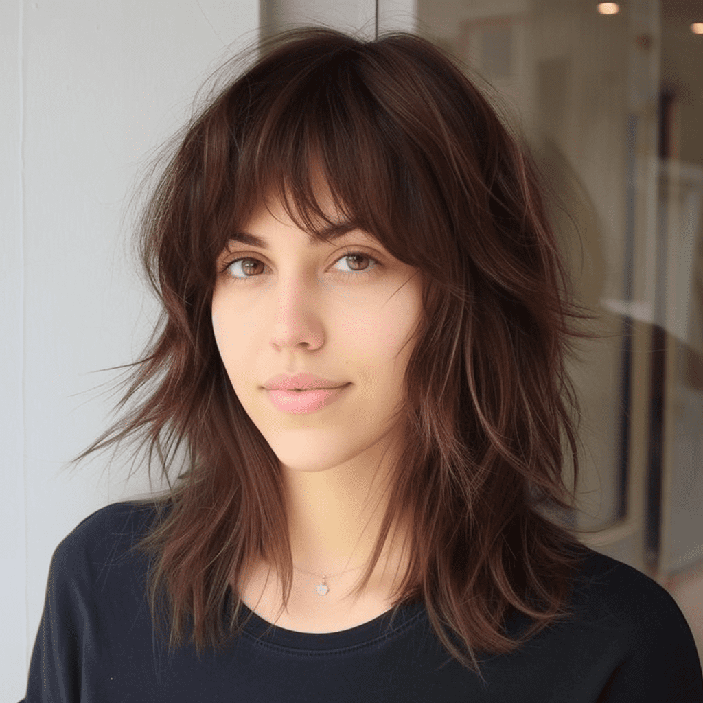 Mid Length Layered Cut With Wispy Bangs