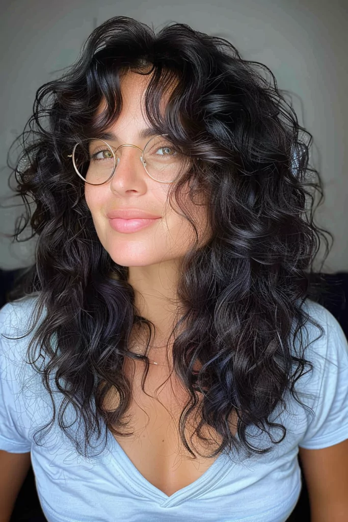Shag on Long Curly Hair with curtain bangs