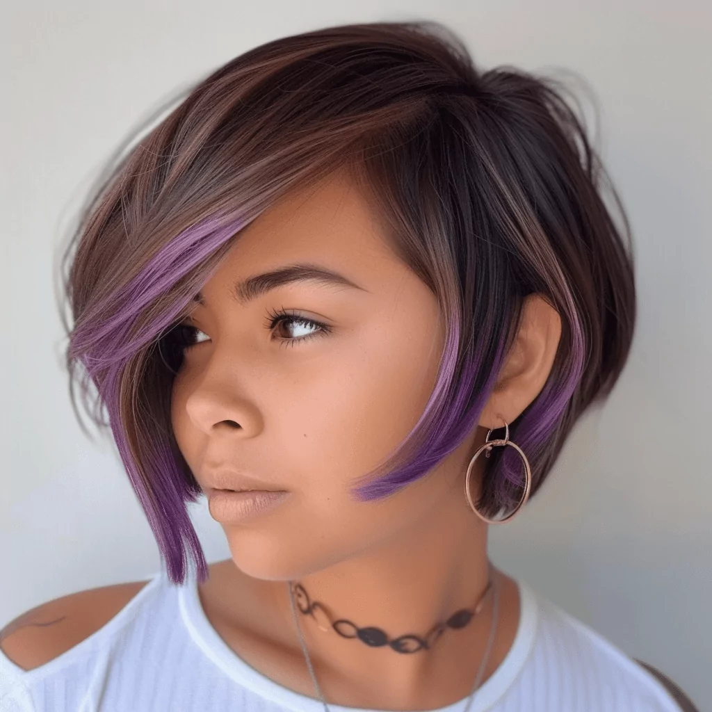 Short Bob with Long Side Bangs and Lavender Face Framing Streaks