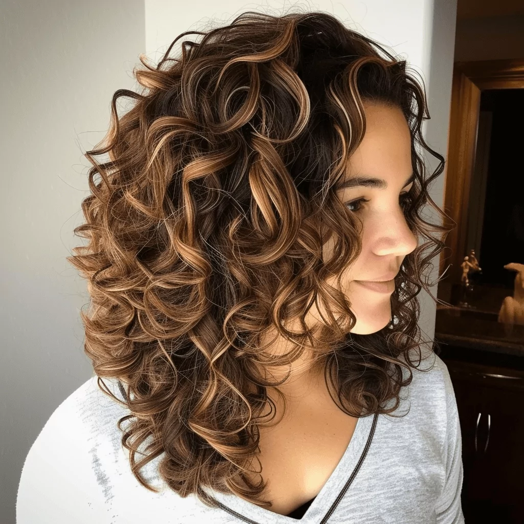 Shoulder Length Brown Perm Hair With Highlights