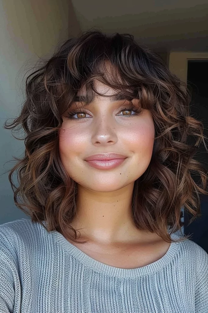 Shoulder Length Wavy Curls with curtain bangs for a Round Face