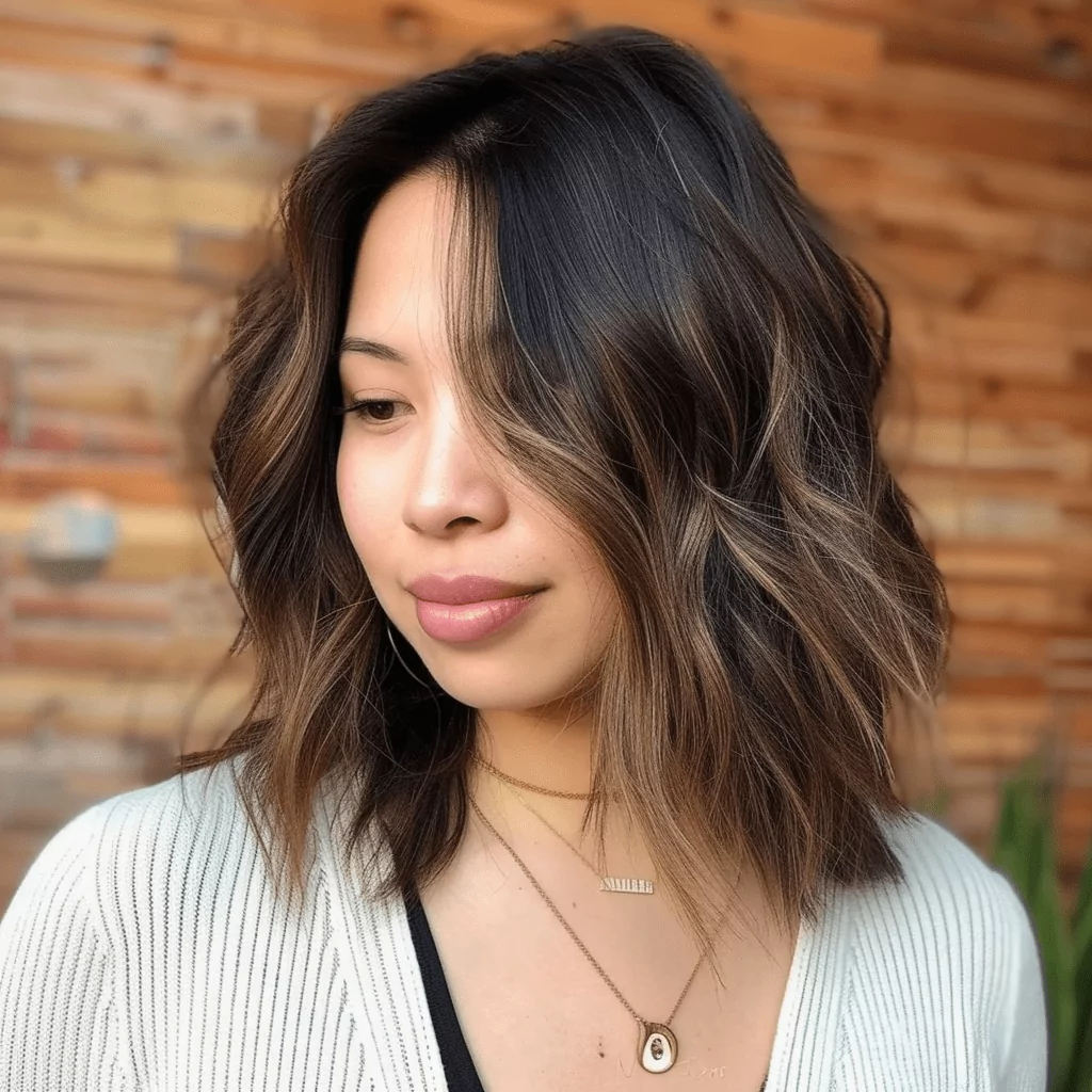 Side Part Textured Lob with Soft Brown Balayage