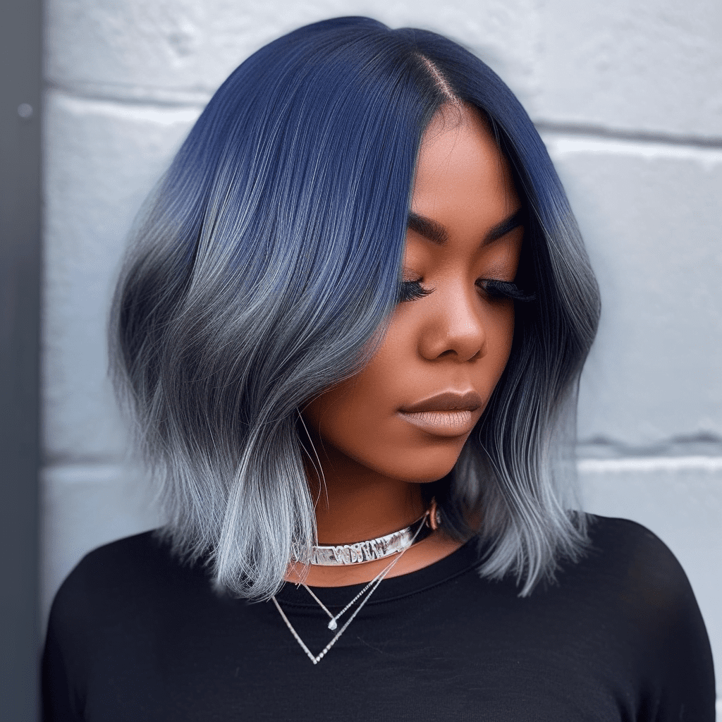 Silver to Navy Blue Ombre Bob with Dark Skin Tone