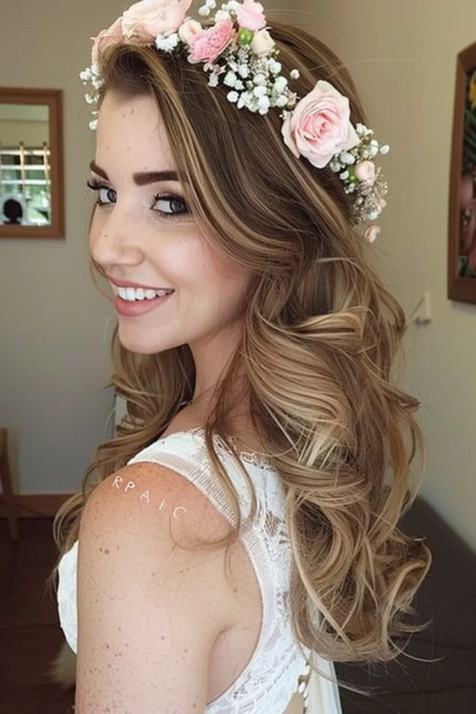 Simple Wedding Downdo With A Flower Crown