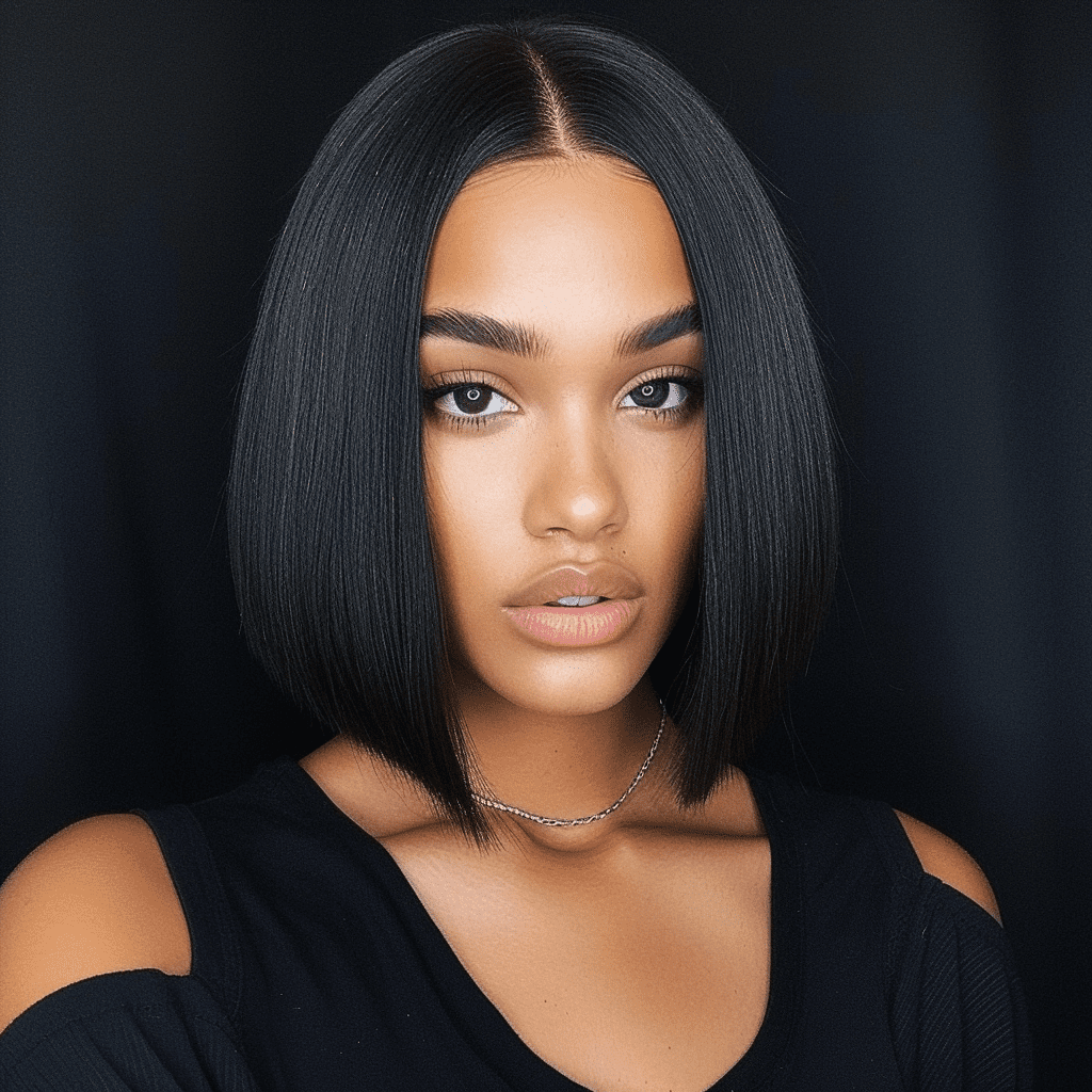 Sleek Blunt Black Bob with a Middle Parting