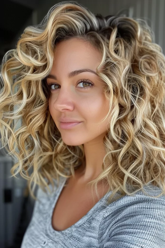 Tight Honey Blonde Curls with Shadow Root
