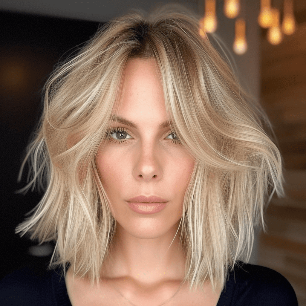 Tousled Long Blonde Bob with Wispy Layers
