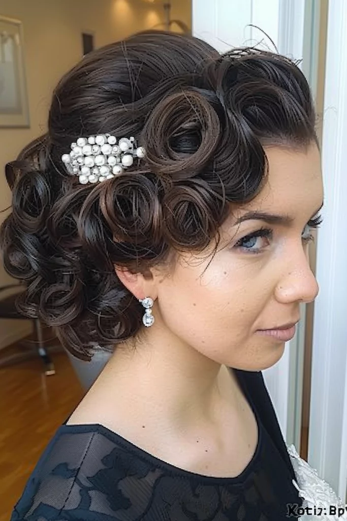 curly wedding updo with a bouffant for thick hair