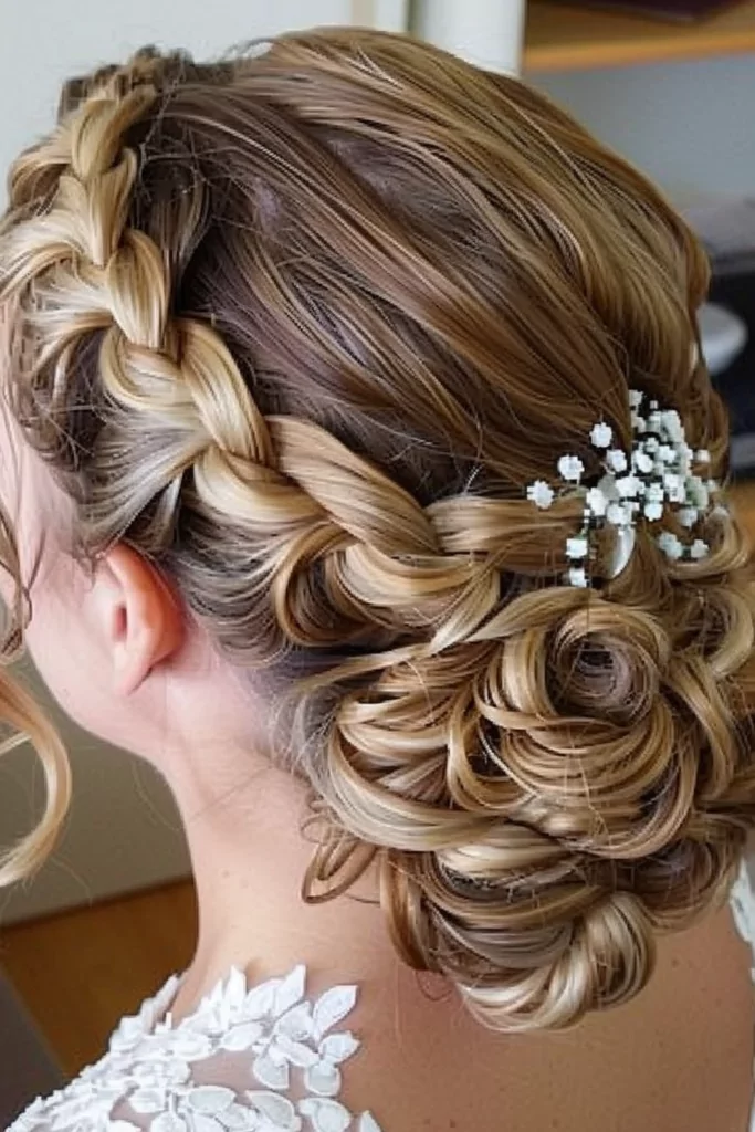 curly wedding updo with a dutch braid for long hair P