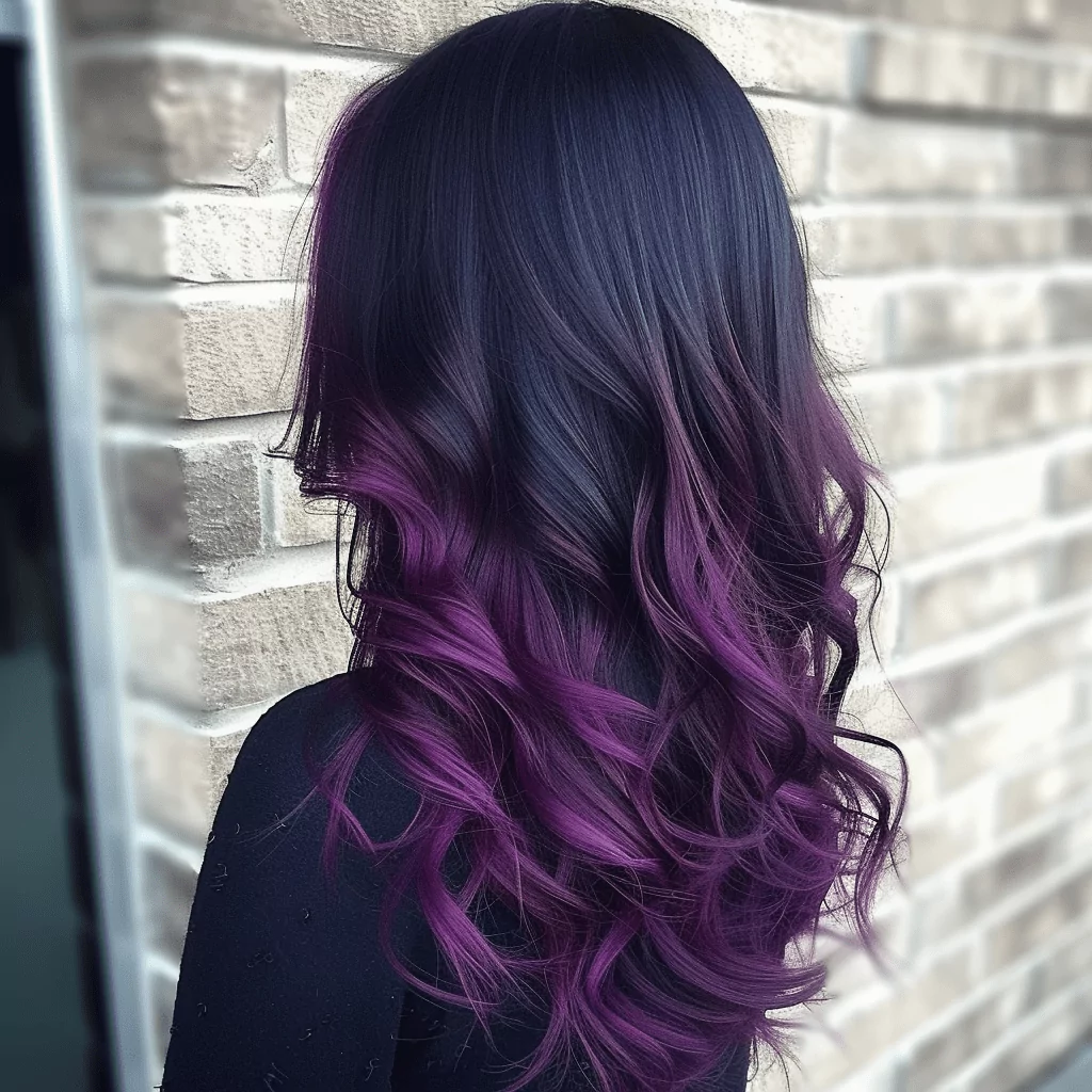 long black hair with reddish purple ombre