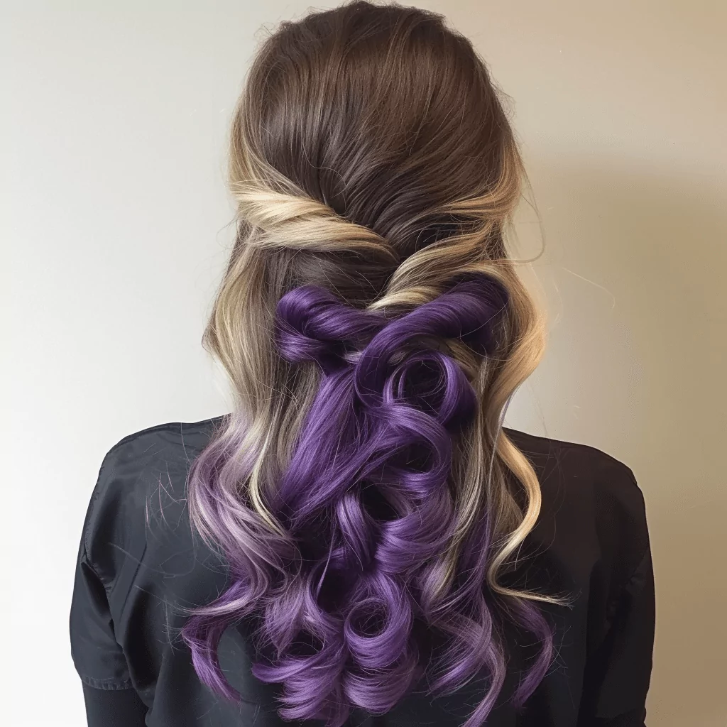 long dark brown hair with purple balayage