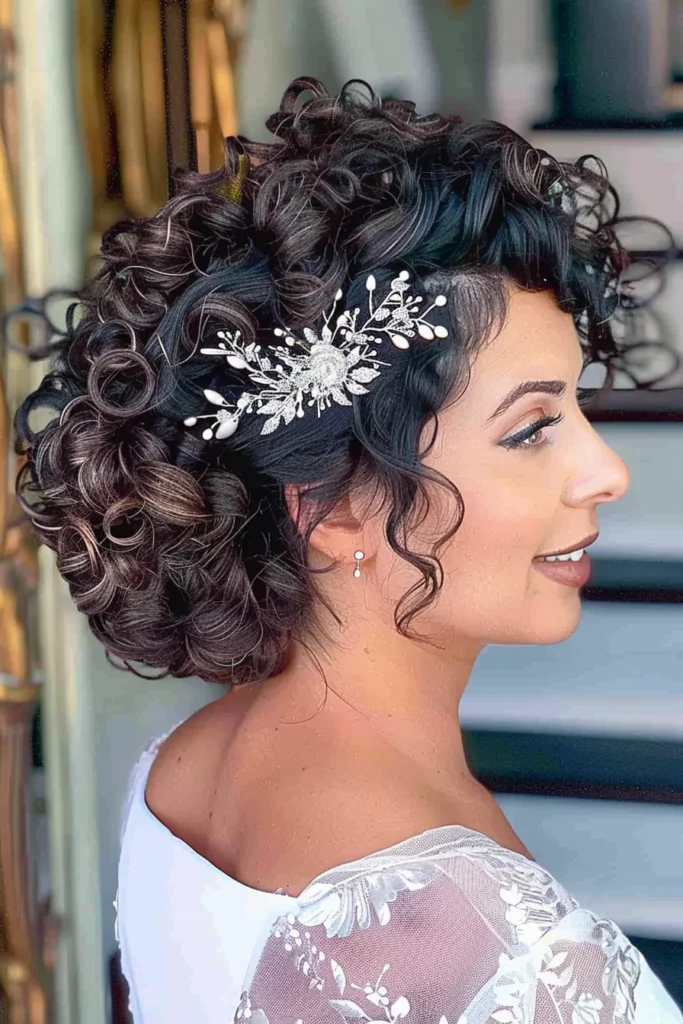 loose curly updo with accessories