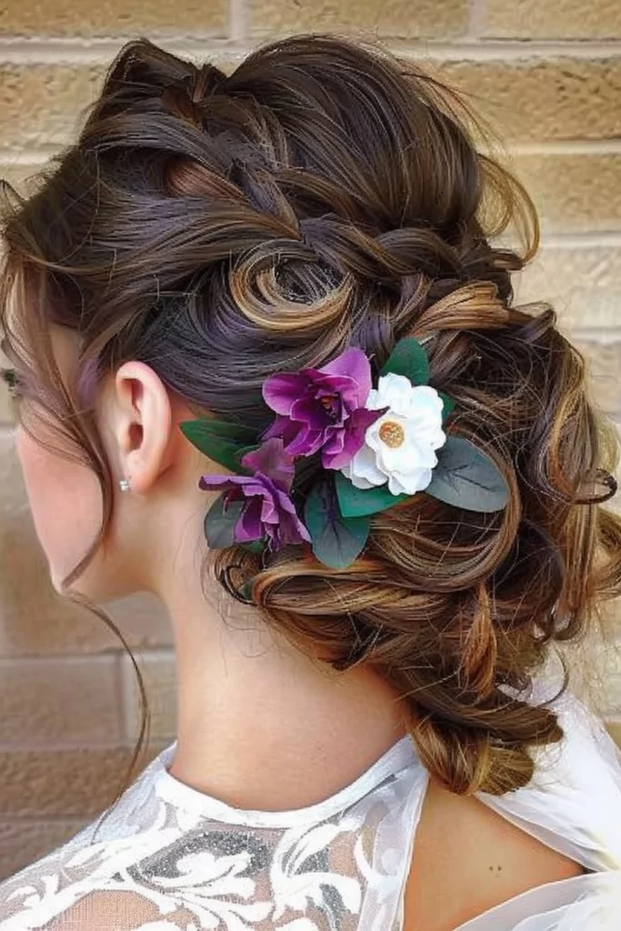 low curly updo with flowers P