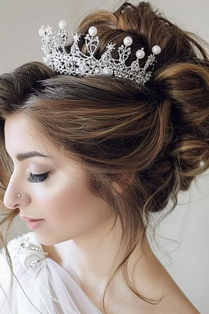 messy beehive wedding updo with tiara P