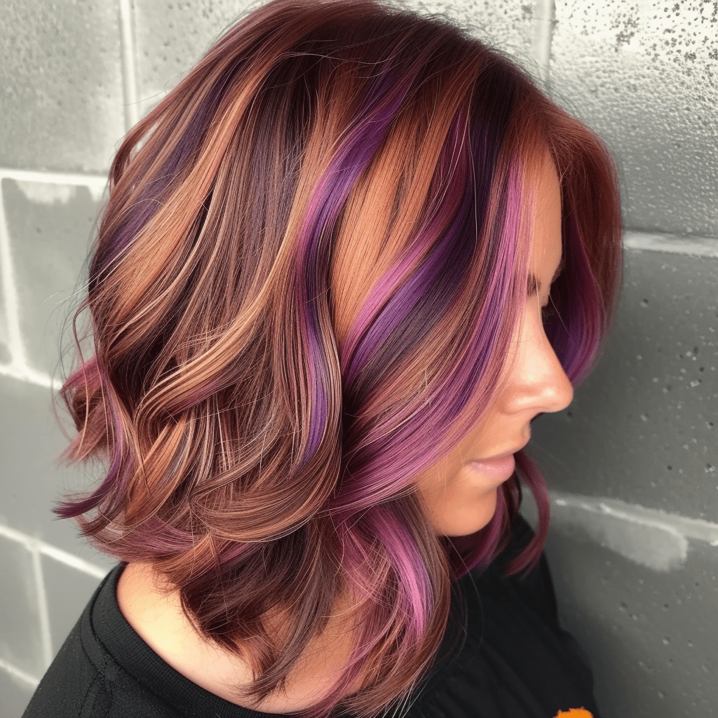 purple red hair with caramel highlights