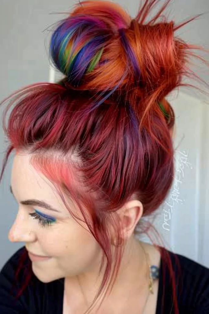 Bun Updo For Red Hair With Rainbow Highlights