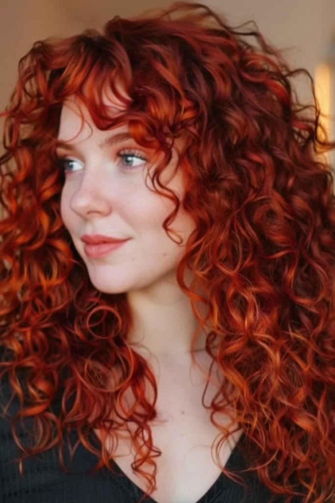 Fiery Red Layered Style on Curly Hair Texture