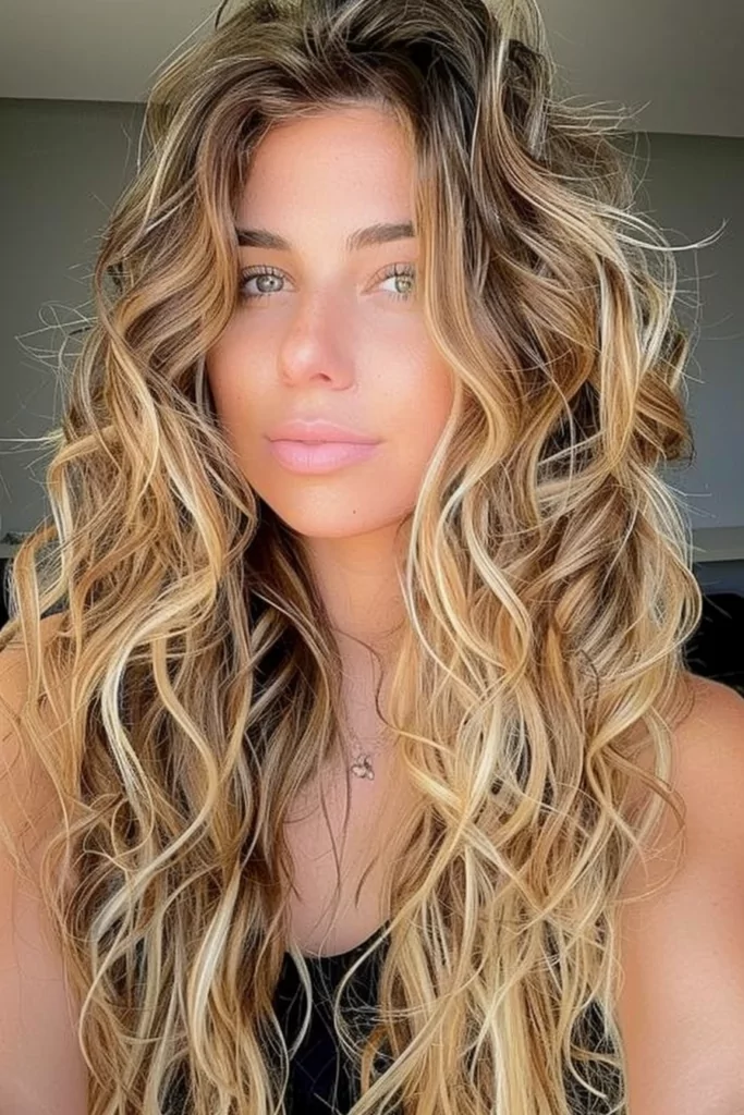 Long Hair with Defined Waves and Blonde Balayage