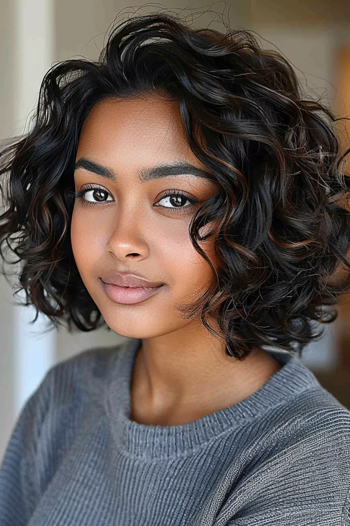 Soft and Relaxed Curly Bob Hair with a subtle side part and face framing