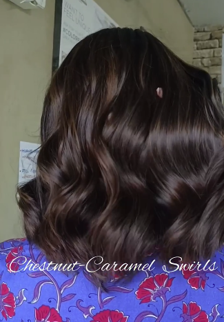 Dark Chestnut Waves with Caramel Highlights