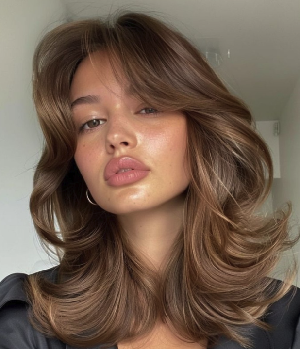 Glossy Espresso with Dramatic Side-Swept Bangs