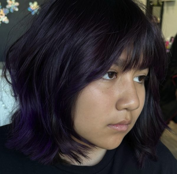 Mid-Length Shag with Playful Purple Streaks