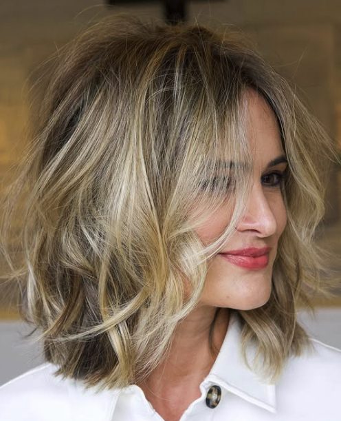 Shaggy Lob with Soft Curls and Wispy Bangs